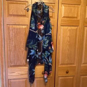 Long, blue, kimono with Flamingo print